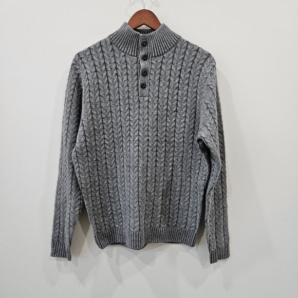 Glen Lyon Mens Cashmere Cable Knit 1/4 Button Sweater Medium Gray Neutral Preppy - Picture 1 of 9